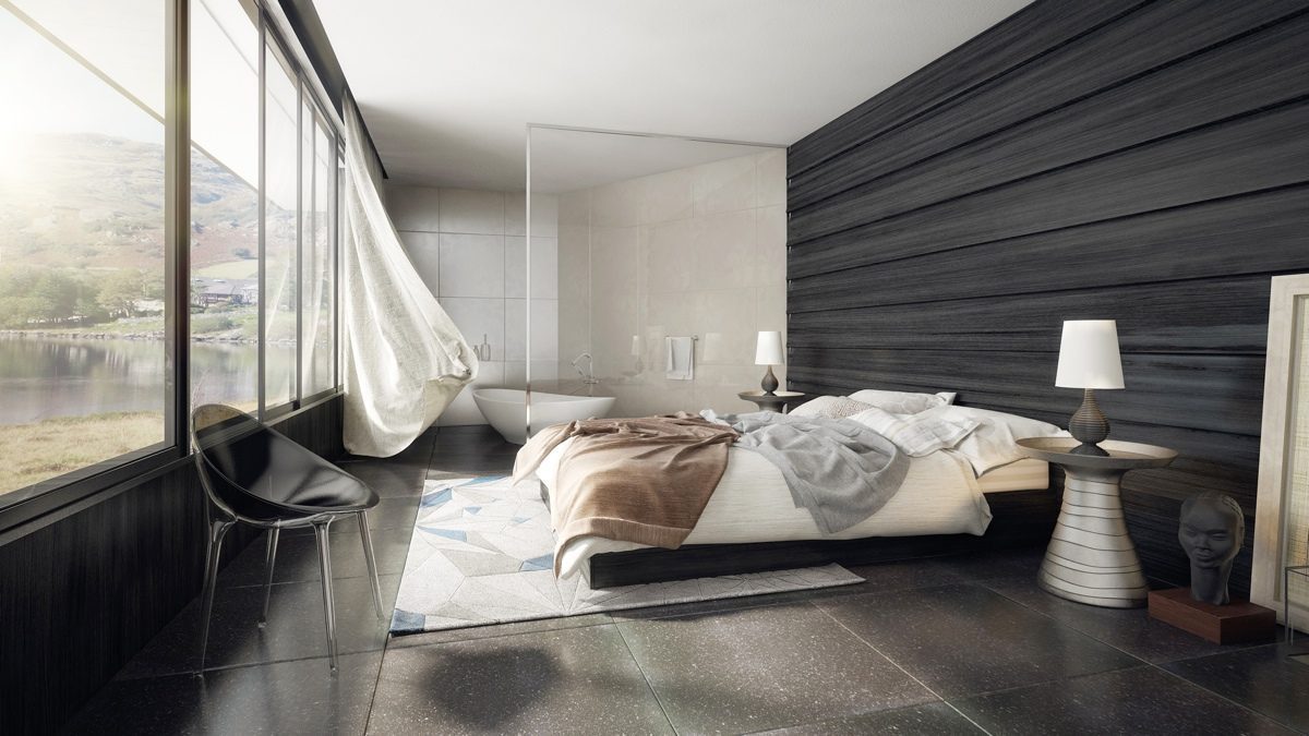 master bedroom with bathroom for minimalist bedroom be equipped black tile flooring and rug under bed also sliding windows and black wall designs