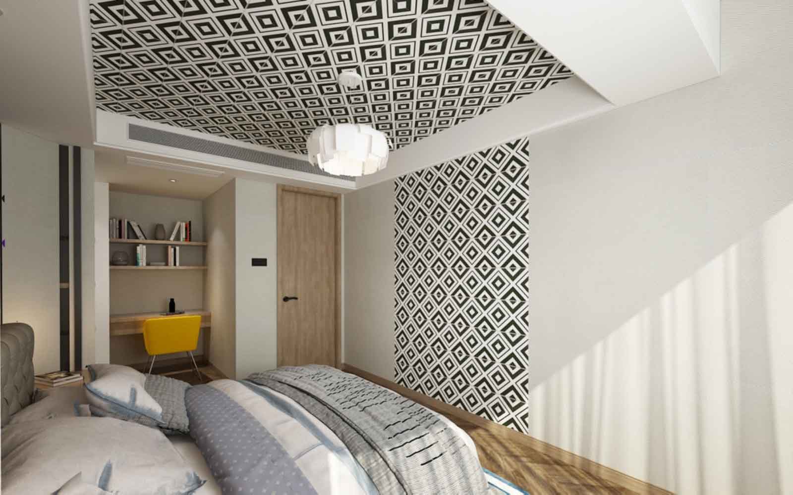 Gạch ốp tường phòng ngủ theo phong cách cổ điển với họa tiết gạch đối xứng