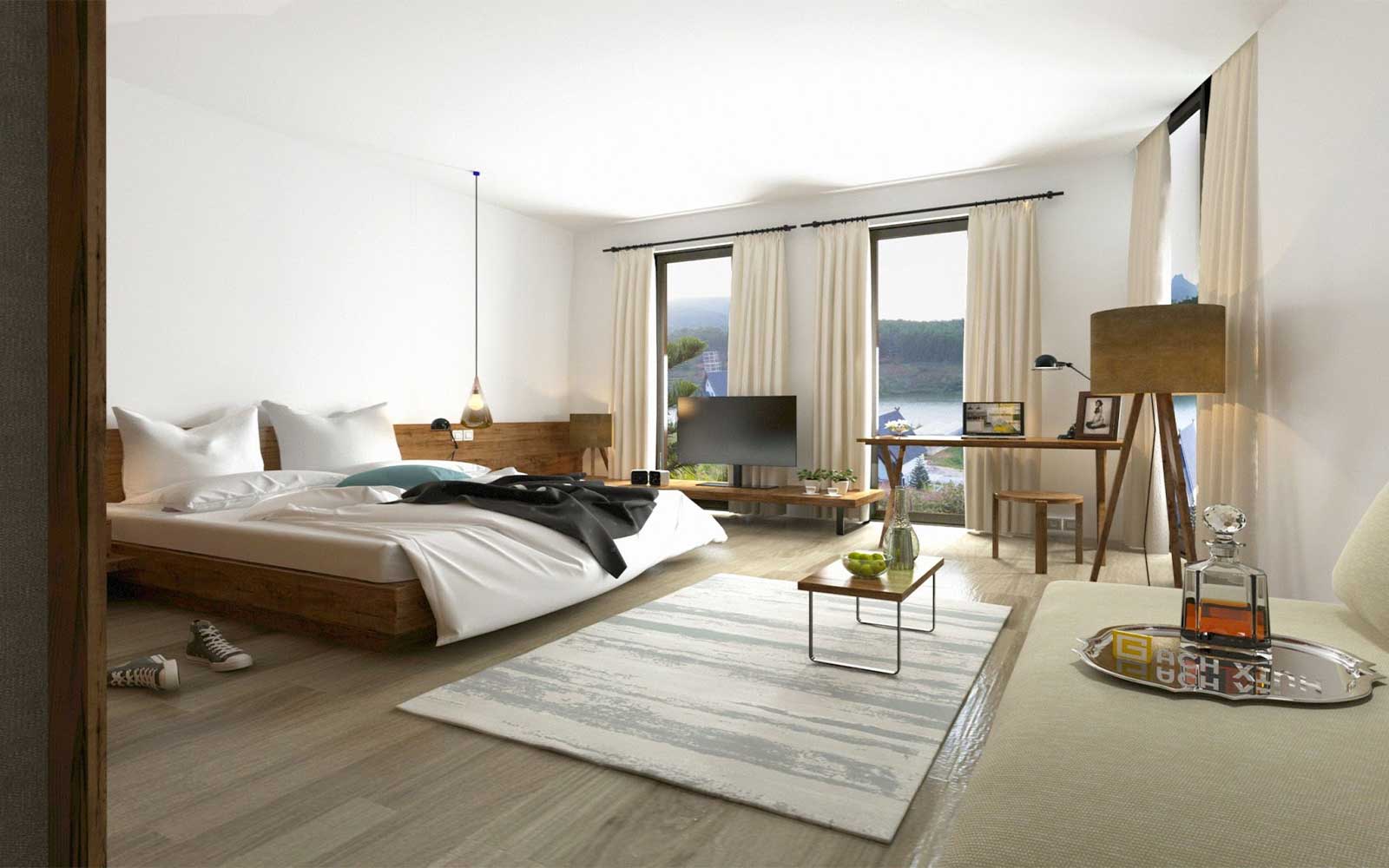 Trang trí phòng ngủ theo phong cách gạch Granite lát nền vân gỗ